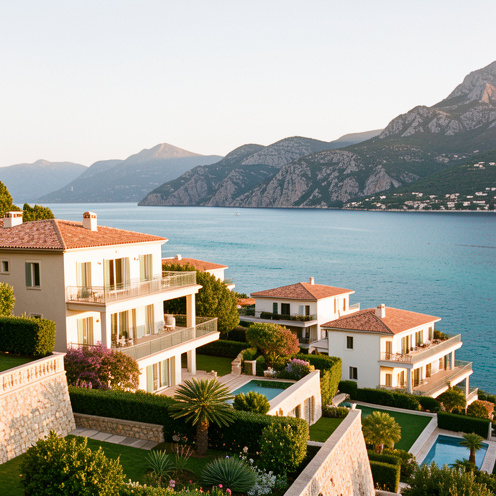 Villas méditerranéennes et appartements modernes surplombant la côte turquoise des Alpes-Maritimes, avec jardins en terrasses et collines au loin.