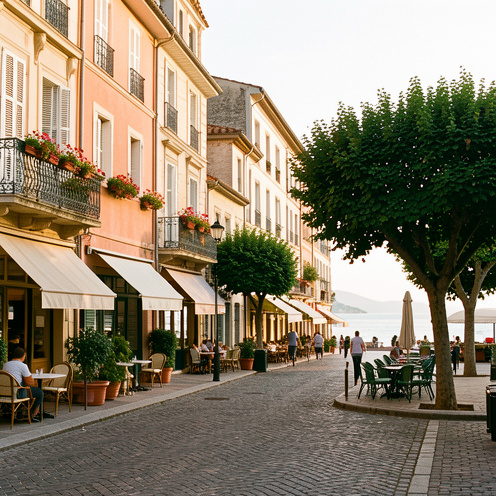 Vue réaliste du centre d’Antibes avec ses bâtiments provençaux, rues piétonnes, commerces, places arborées et ambiance méditerranéenne.