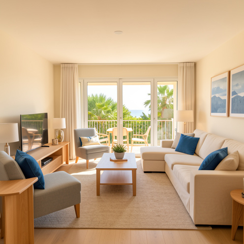 Intérieur lumineux d’un appartement de trois pièces à Juan-les-Pins, avec salon contemporain, balcon ensoleillé et végétation méditerranéenne visible par les grandes fenêtres.
