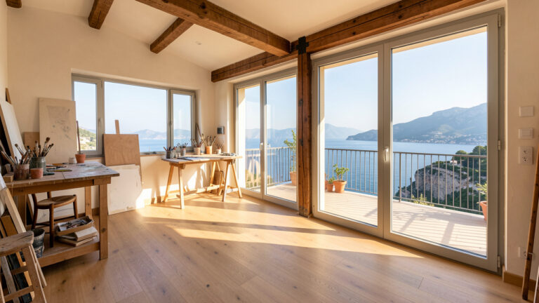Appartement lumineux avec atelier spacieux, balcon ensoleillé et vue sur le littoral méditerranéen des Alpes-Maritimes.