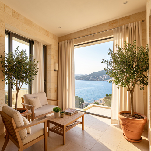 Appartement méditerranéen élégant avec terrasse, grandes baies vitrées et vue dégagée sur la mer et la côte d’Antibes.