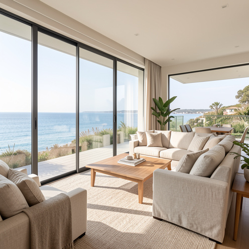 Appartement contemporain lumineux avec terrasse et grandes baies vitrées donnant sur la mer.