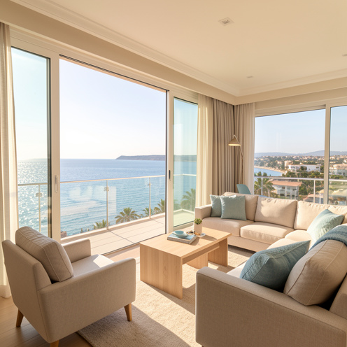 Appartement contemporain lumineux avec grande baie vitrée et balcon donnant sur la mer Méditerranée à Juan-les-Pins.