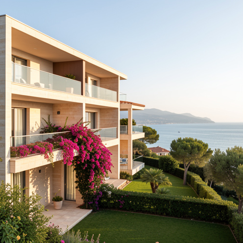 Immeuble d'appartements modernes avec balcons, végétation méditerranéenne et vue sur la côte des Alpes-Maritimes.