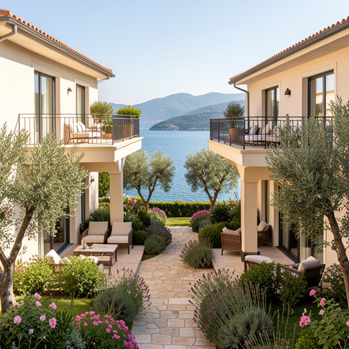 Appartements modernes en rez-de-jardin avec terrasses privées et jardins paysagers, dans une résidence méditerranéenne ensoleillée surplombant la baie de Golfe-Juan.