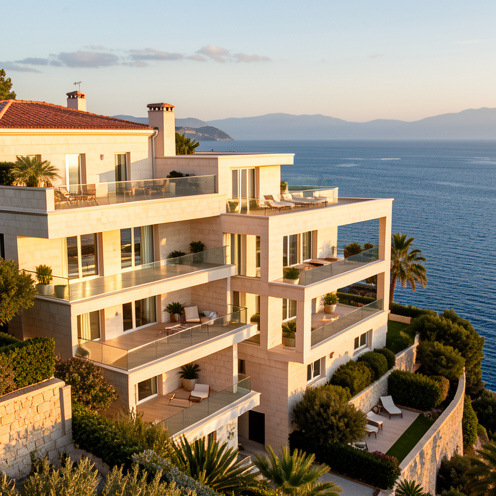 Résidence contemporaine de trois pièces à Antibes, avec balcons, terrasses végétalisées et vue sur la mer Méditerranée.