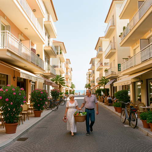 Rue ensoleillée du centre-ville de Juan-les-Pins avec immeubles méditerranéens, balcons, cafés, végétation en pots, vélos et aperçu de la mer, animée par deux passants.