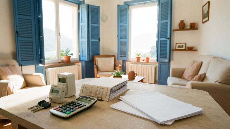 Intérieur lumineux d’un appartement méditerranéen sur la Côte d’Azur avec des clés, une calculatrice, un compteur et des documents vierges illustrant l’anticipation des charges locatives.