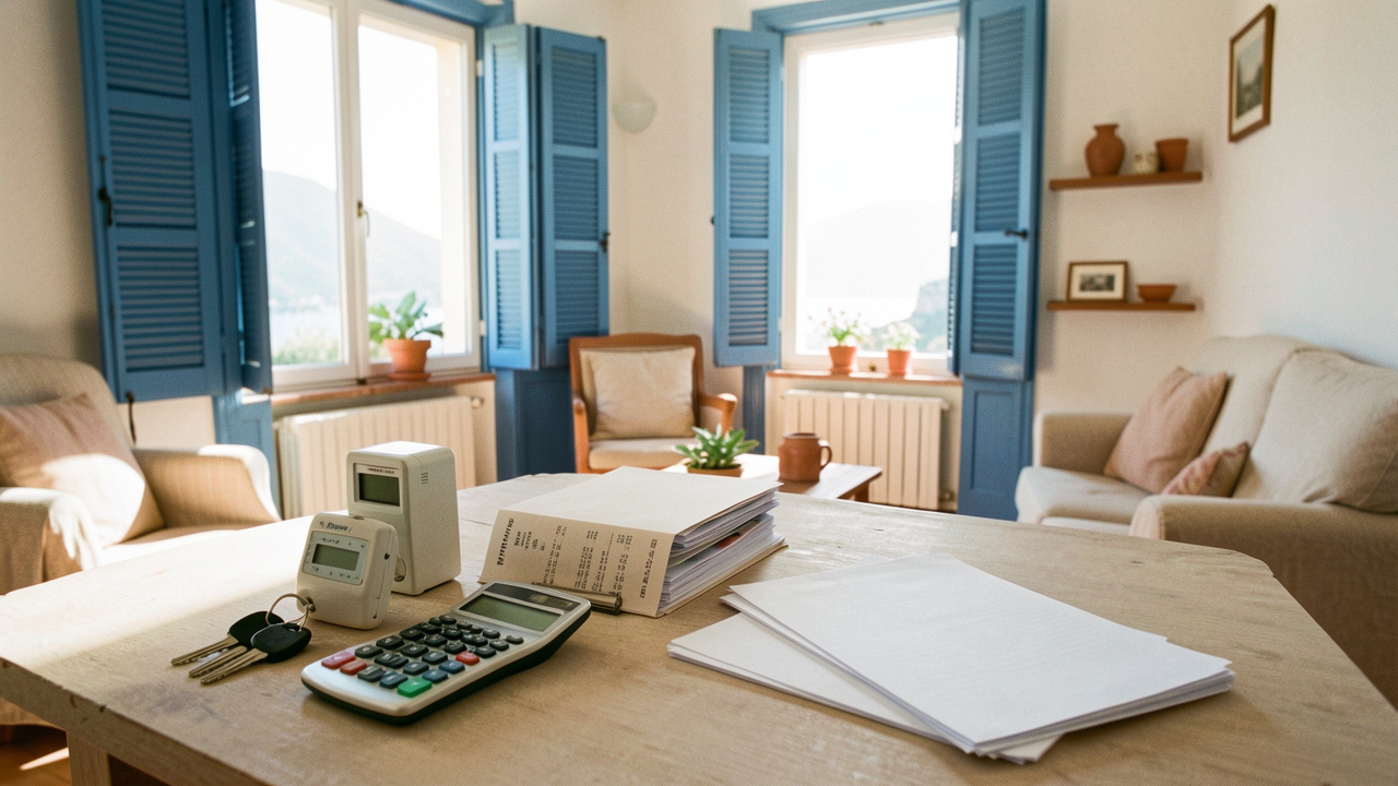 Intérieur lumineux d’un appartement méditerranéen sur la Côte d’Azur avec des clés, une calculatrice, un compteur et des documents vierges illustrant l’anticipation des charges locatives.