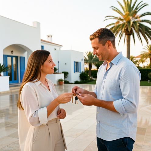 Une femme et un homme comparent des clés devant une élégante villa méditerranéenne à Juan-les-Pins.