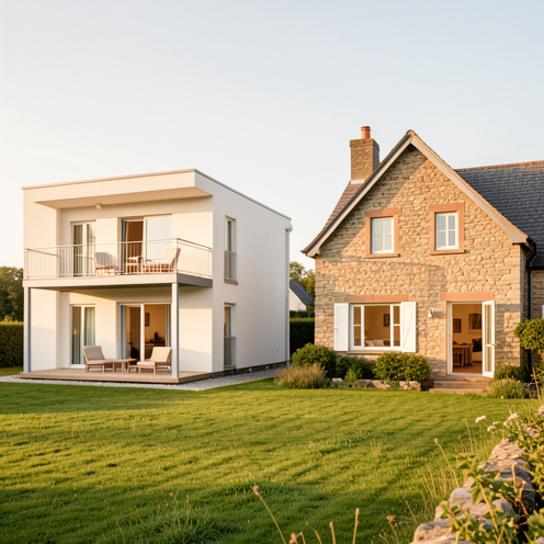 Deux options de location de vacances accueillantes : un appartement moderne avec balcon et une charmante maison de campagne avec terrasse.