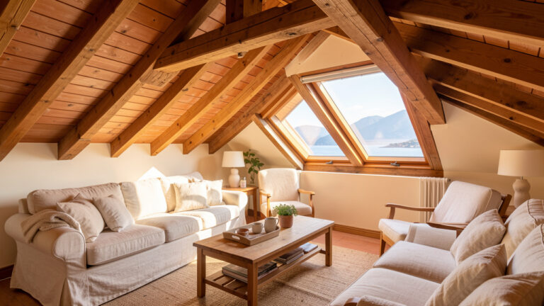 Combles aménagés en location de vacances avec poutres apparentes, mobilier chaleureux et vue sur le littoral méditerranéen des Alpes-Maritimes.