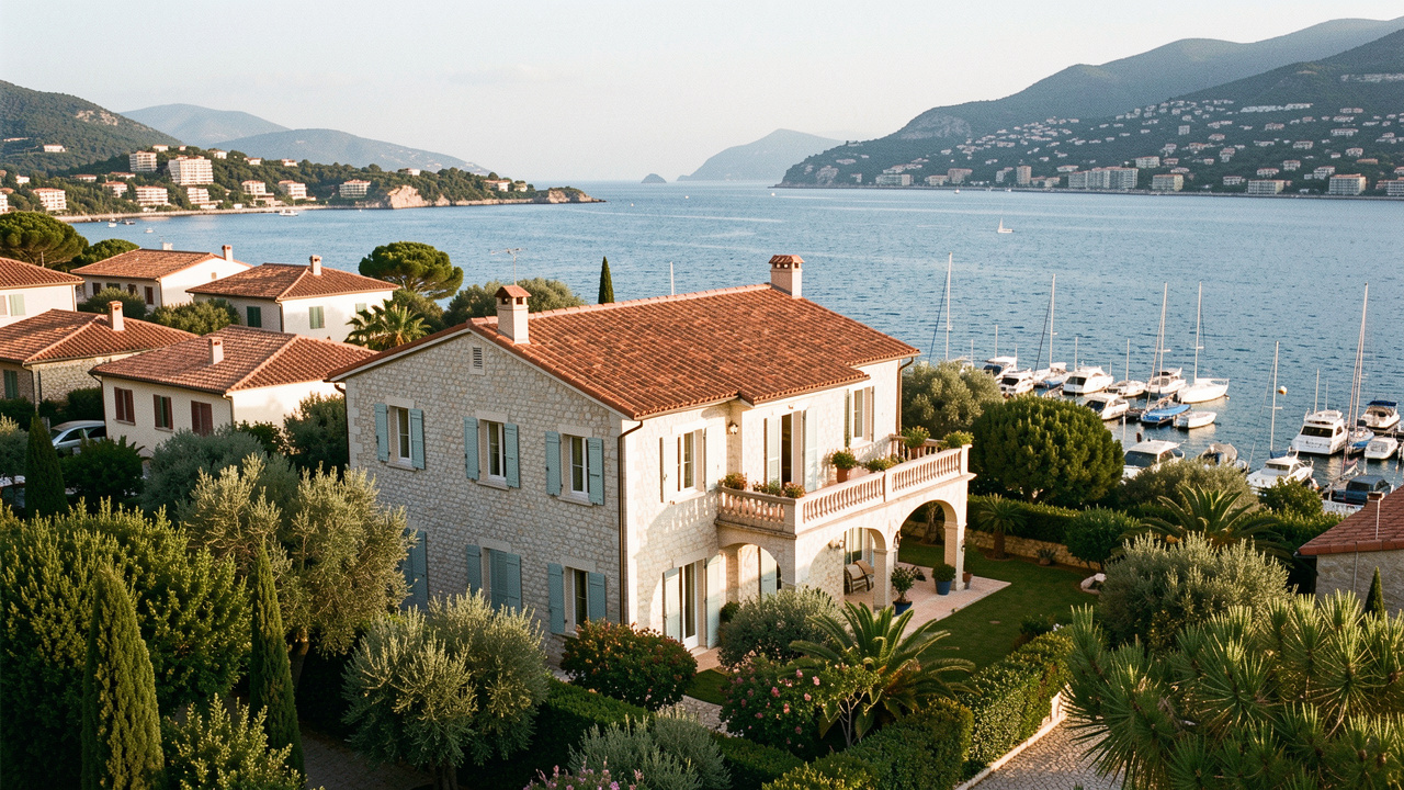 Maison méditerranéenne avec jardin sur le littoral des Alpes-Maritimes, surplombant la mer et un quartier résidentiel de la Côte d’Azur.