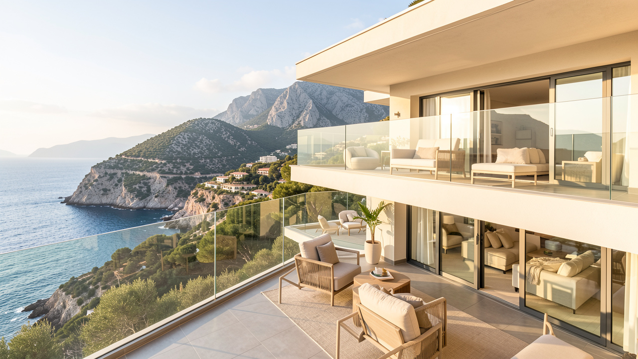 Duplex moderne lumineux avec grandes terrasses offrant une vue panoramique sur la mer Méditerranée et le littoral des Alpes-Maritimes.