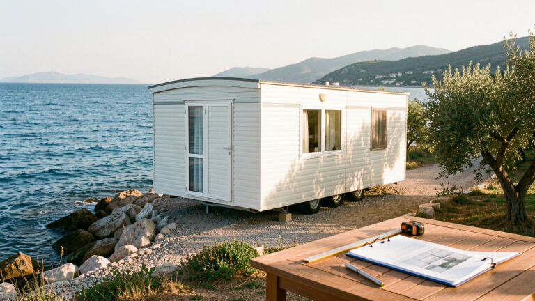 Mobil-home bien entretenu installé près du littoral méditerranéen, avec la mer, une côte rocheuse, des oliviers et les collines des Alpes-Maritimes en arrière-plan.
