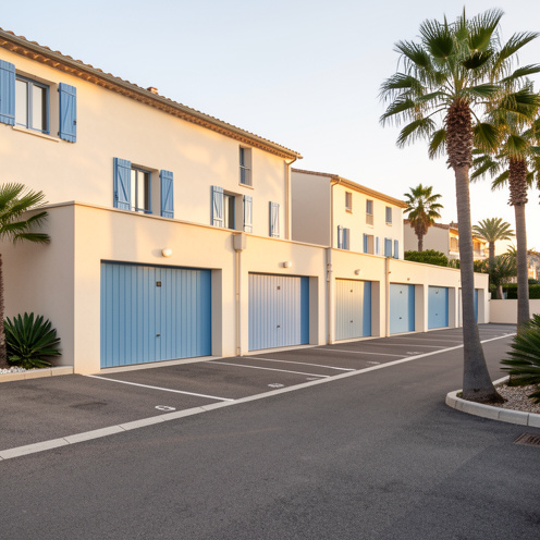 Ensemble de garages privés et de places de stationnement sécurisées dans un immeuble résidentiel méditerranéen près de Juan-les-Pins, baigné par une lumière douce.