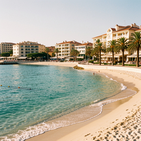 Vue ensoleillée de la plage Bijou à Juan-les-Pins, avec la mer turquoise, une promenade bordée de palmiers et des bâtiments élégants en bord de mer.