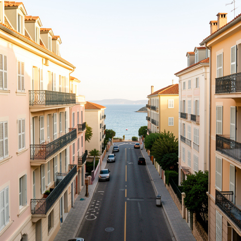Vue d’une rue ensoleillée du centre-ville d’Antibes présentant des immeubles résidentiels variés aux façades pastel, avec balcons, volets et toits en tuiles sous la lumière méditerranéenne.