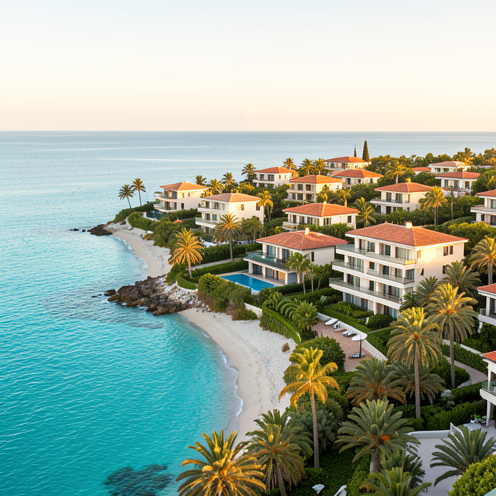 Vue d’ensemble de villas contemporaines et d’appartements en bord de mer à Bijou Plage, entourés de palmiers et donnant sur une plage turquoise.