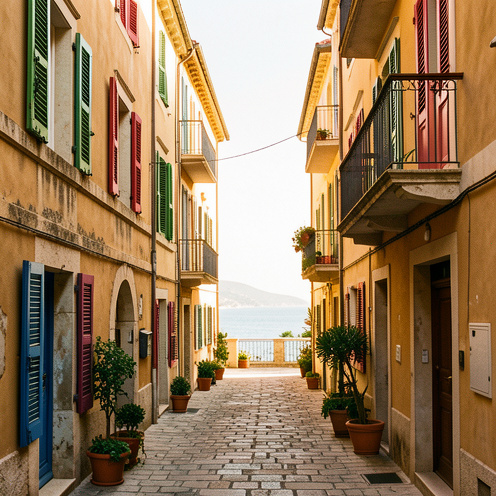 Ruelles ensoleillées du Vieil Antibes bordées d’immeubles anciens aux façades ocres, avec balcons fleuris et aperçu de la Méditerranée.