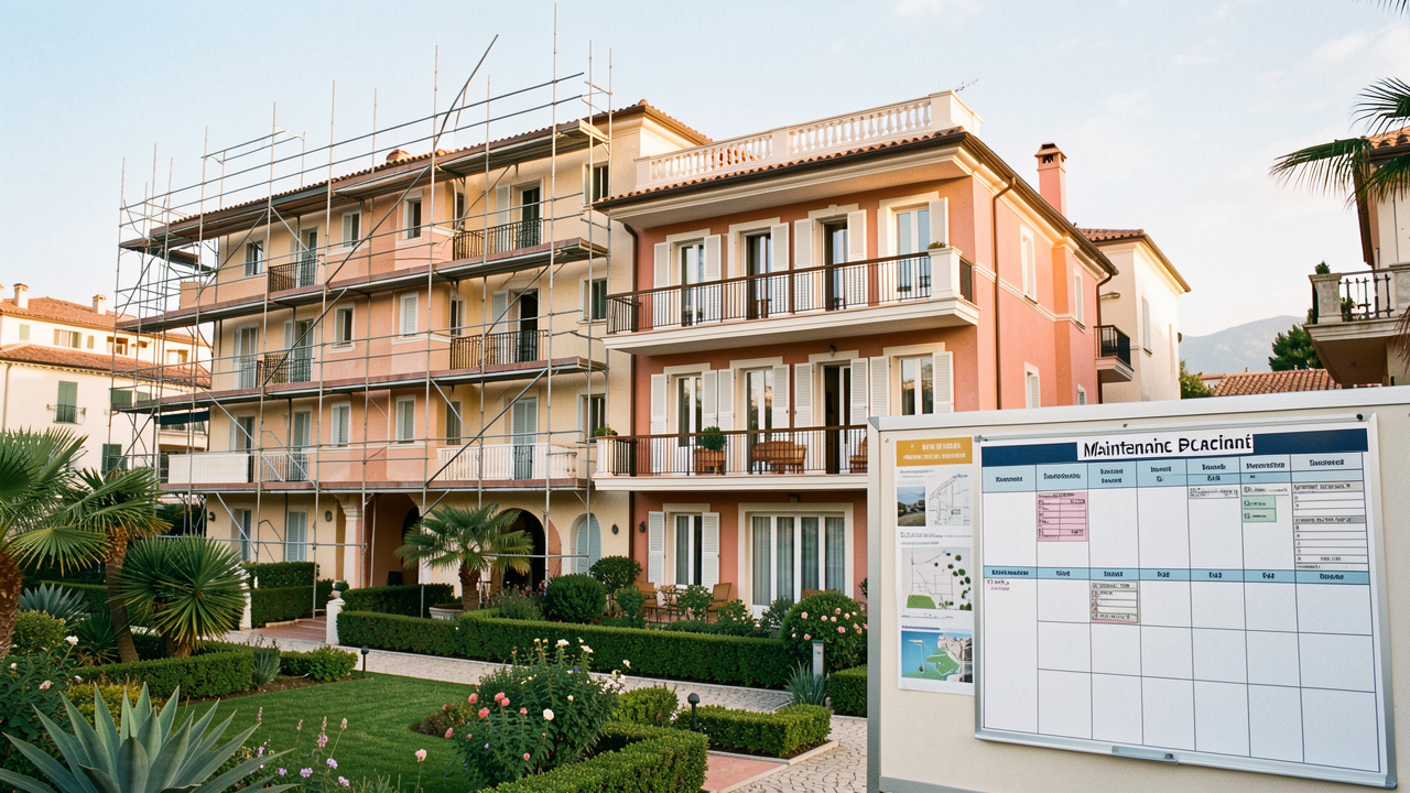 Immeuble résidentiel en copropriété sur le littoral des Alpes-Maritimes, avec balcons rénovés, échafaudages et espaces communs entretenus.