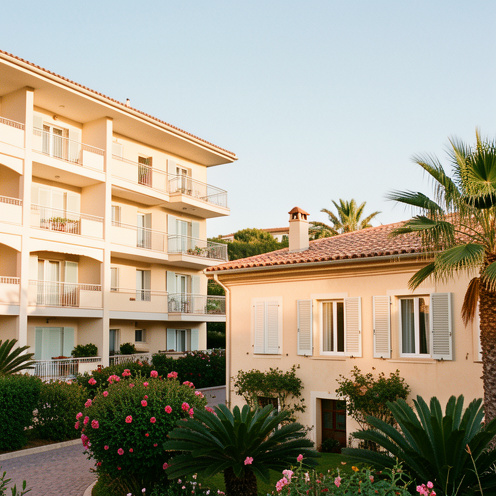 Quartier résidentiel méditerranéen de Juan-les-Pins avec un immeuble lumineux et une maison provençale entourée de palmiers et de jardins fleuris.