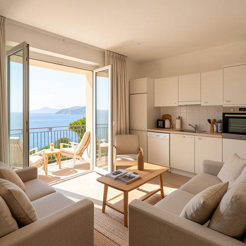 Appartement de vacances deux pièces lumineux à Juan-les-Pins, avec un intérieur élégant, une terrasse aménagée et une vue sur la mer Méditerranée.