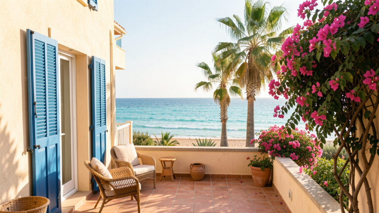 Appartement de vacances méditerranéen avec terrasse ensoleillée, donnant sur une plage de sable et la mer turquoise de la Côte d’Azur.