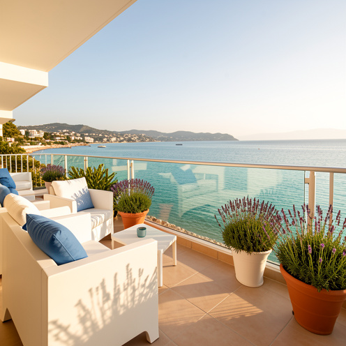 Terrasse lumineuse d’un appartement élégant avec vue sur la mer Méditerranée à Juan-les-Pins.