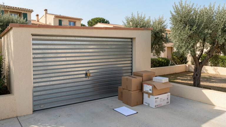 Box fermé sécurisé dans une résidence de la Côte d’Azur, avec cadenas, trousseau de clés et cartons de rangement devant une architecture méditerranéenne.