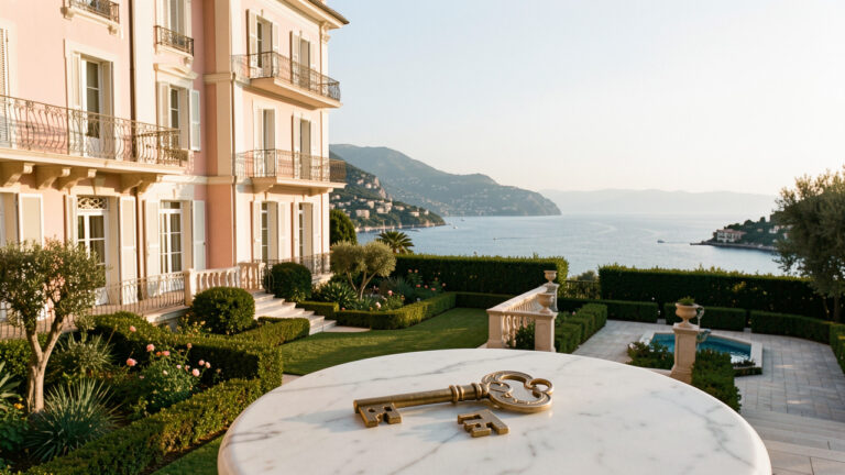 Élégante demeure privée de la Côte d’Azur avec terrasse ensoleillée, jardin paysager et vue sur la Méditerranée.