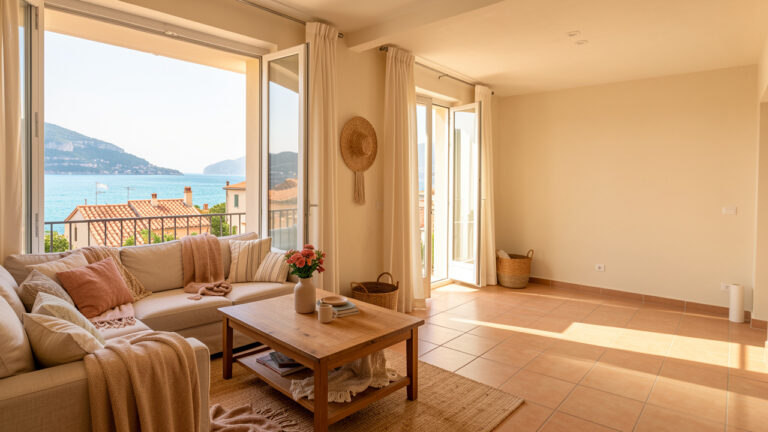 Appartement lumineux sur la Côte d’Azur présentant un espace meublé et une pièce vide avec vue sur la mer Méditerranée.
