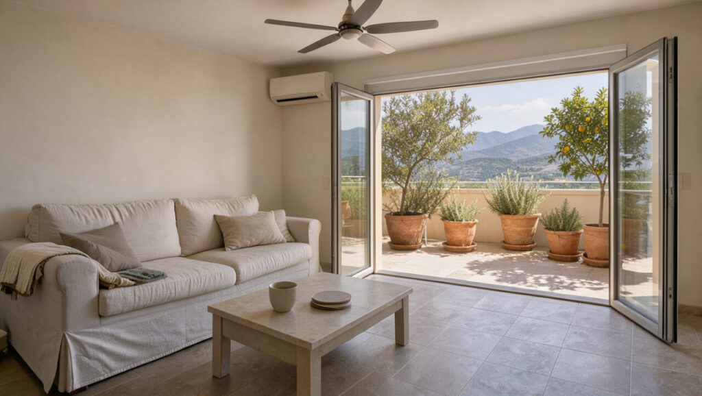 Appartement de vacances climatisé et lumineux avec terrasse ombragée, végétation méditerranéenne et montagnes des Alpes-Maritimes en arrière-plan.