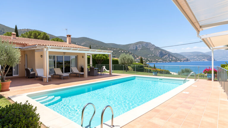 Villa de vacances avec piscine turquoise, terrasse ombragée et vue sur les collines méditerranéennes des Alpes-Maritimes.