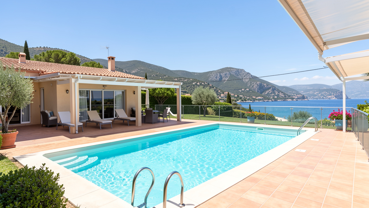 Villa de vacances avec piscine turquoise, terrasse ombragée et vue sur les collines méditerranéennes des Alpes-Maritimes.