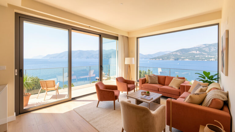 Loft contemporain lumineux avec terrasse et vue sur la Méditerranée, illustrant son attrait pour un investissement locatif sur le littoral des Alpes-Maritimes.