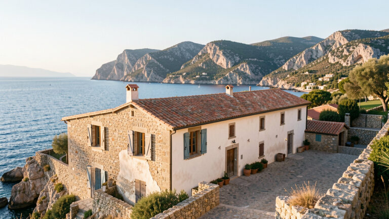 Longère en pierre partiellement rénovée sur le littoral des Alpes-Maritimes, avec vue sur la mer Méditerranée et les collines côtières.