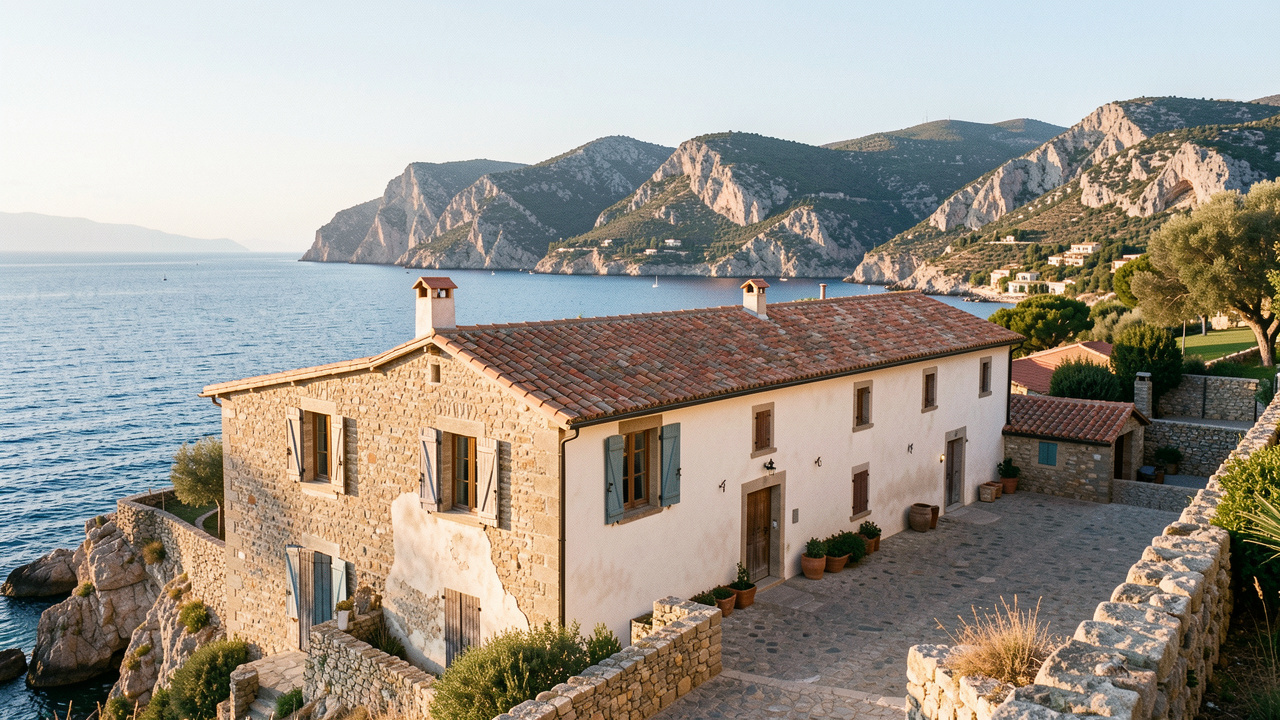 Longère en pierre partiellement rénovée sur le littoral des Alpes-Maritimes, avec vue sur la mer Méditerranée et les collines côtières.