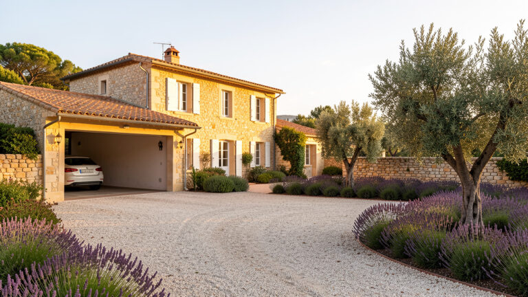 Maison de campagne provençale sur la Côte d’Azur avec stationnement paysager, carport discret, annexe de jardin, oliviers et lavande.