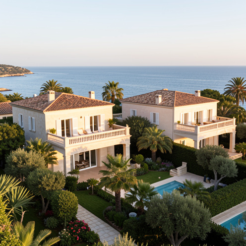 Maisons méditerranéennes aux façades claires et toits en terre cuite, entourées de jardins, avec la mer bleue visible à Juan-les-Pins.