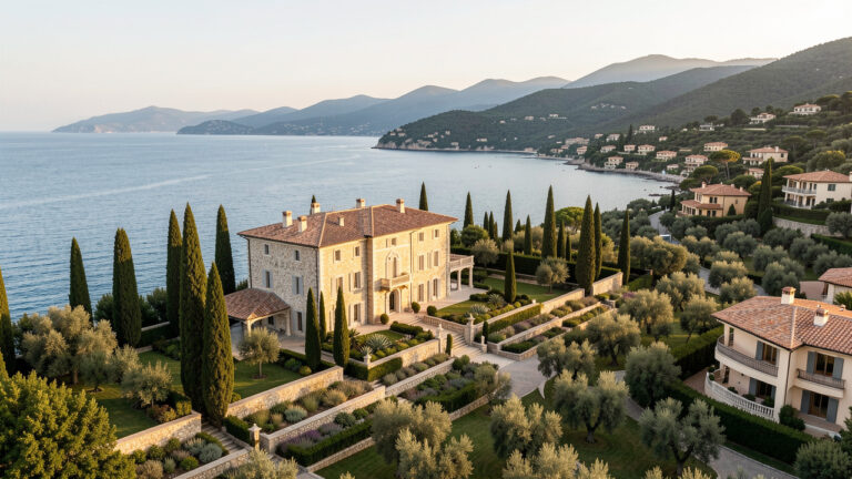 Manoir en pierre surplombant la Méditerranée, entouré de jardins en terrasses et de villas résidentielles sur le littoral des Alpes-Maritimes.
