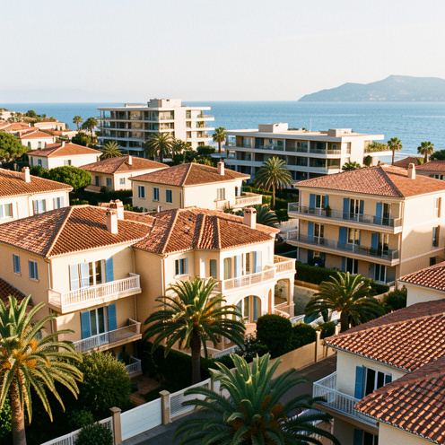 Vue panoramique d’un quartier résidentiel d’Antibes avec des villas provençales, des immeubles modernes, des toits en tuiles et la mer Méditerranée en arrière-plan.