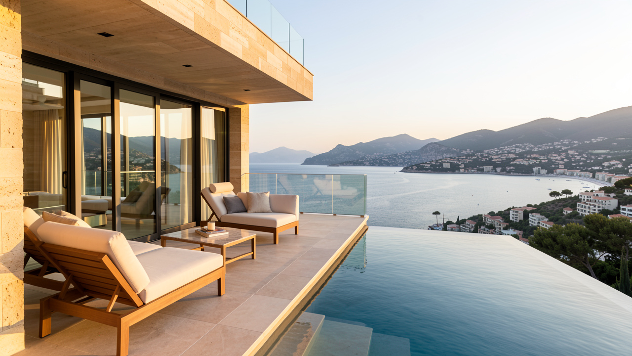 Penthouse luxueux avec terrasse, piscine à débordement et vue panoramique sur la Côte d’Azur au coucher du soleil.