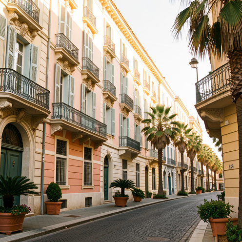 Rue élégante du quartier des Musiciens à Nice, bordée d’immeubles Belle Époque aux façades pastel, de balcons ouvragés et de palmiers sous une lumière méditerranéenne.