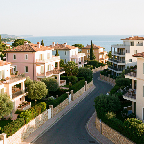 Vue d’un quartier résidentiel de Saint-Jean à Antibes avec des villas méditerranéennes, des immeubles contemporains, des jardins verdoyants et la mer en arrière-plan.