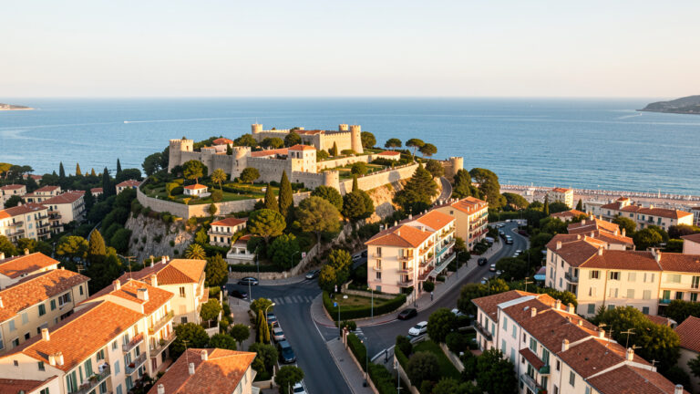 Vue panoramique des quartiers autour de la colline du Château à Nice, avec les toits méditerranéens, les rues et la mer au loin.