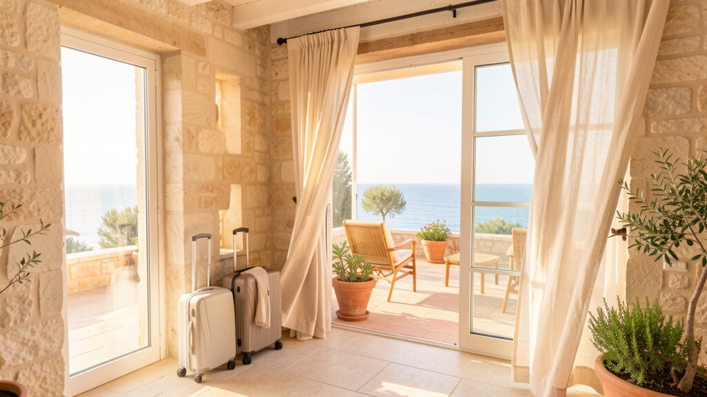 Résidence secondaire lumineuse près de la mer, avec terrasse aménagée, valises discrètes, plantes méditerranéennes et ambiance estivale.