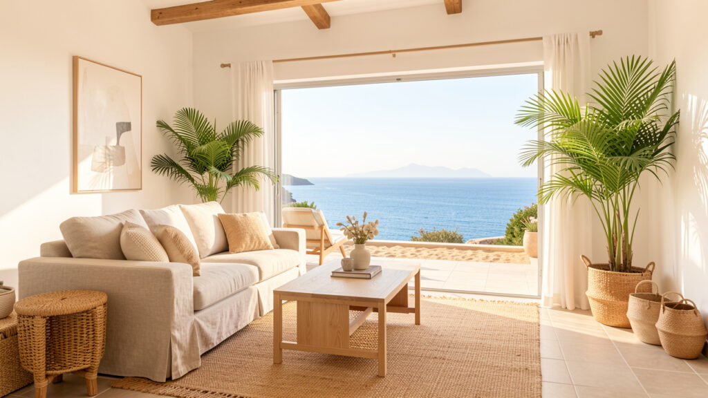 Salon lumineux d’une résidence secondaire décoré dans des tons naturels, ouvert sur une terrasse avec une vue dégagée sur le littoral.