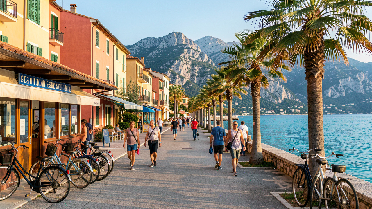 Village côtier pittoresque des Alpes-Maritimes avec une gare, des vélos et une promenade en bord de mer illustrant un séjour sans voiture.