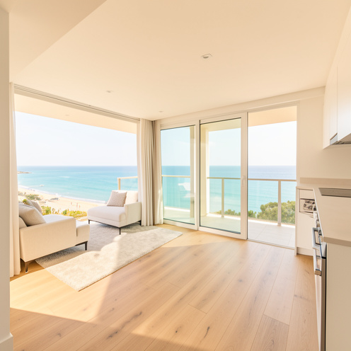 Studio moderne et lumineux avec balcon offrant une vue dégagée sur la plage et la mer Méditerranée.